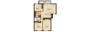 A floor plan of a house with a living room, three bedrooms, a kitchen, a bath, and a closet.