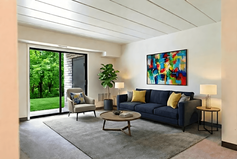 A living room with a blue couch, a chair, a coffee table, and a painting on the wall.