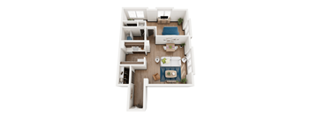 A top down view of a small apartment with a kitchen, living room, and bedroom.