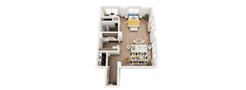 A top down view of a small apartment with a living room, kitchen, and bedroom.