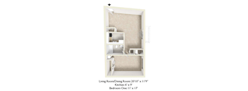 A diagram of a small apartment with a living room, dining room, kitchen and bedroom.