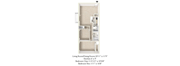 A diagram of a small apartment with a living room, dining room, kitchen and two bedrooms.