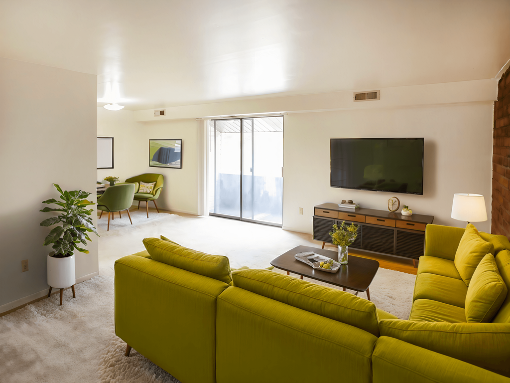 A living room with a green couch and a flat screen TV mounted on the wall.