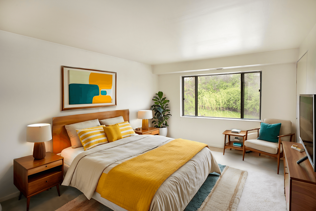 A bedroom with a bed, nightstand, and a painting on the wall.