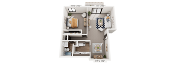 A top-down view of a small apartment layout with a living room, kitchen, and bathroom.