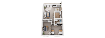 A floor plan of a small apartment with two bedrooms and a living area.