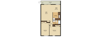 A floor plan of a two bedroom apartment with a living room, dining room, kitchen, and bathroom.