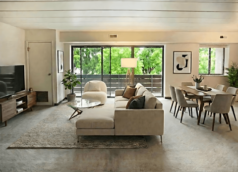 A modern living room with a white couch and a television.