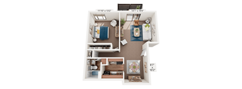 A floor plan of a small apartment with a living room, kitchen, and two bedrooms.