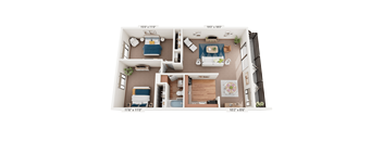 A floor plan of a two-bedroom apartment with a living room, kitchen, and bathroom.
