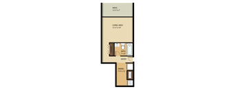 A floor plan of a small apartment with a living area, dining area and bathroom.
