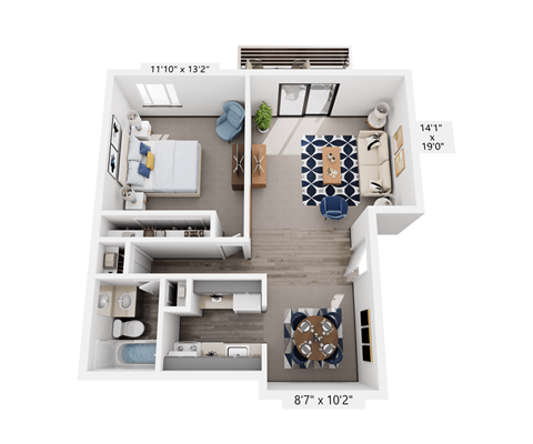 1 bedroom, 1 bathroom 3D floor plan
