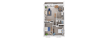 2 bedroom, 1 bathroom 3D apartment floor plan