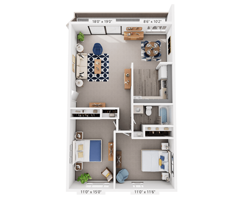 2 bedroom, 1 bathroom 3D apartment floor plan