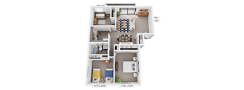 3 bedroom, 1 bathroom 3D floor plan
