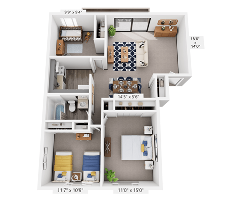 3 bedroom, 1 bathroom 3D floor plan