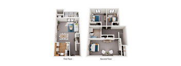 A diagram of a two-story apartment with labeled rooms.