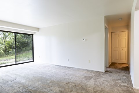 A room with a carpeted floor and a door leading to another room.
