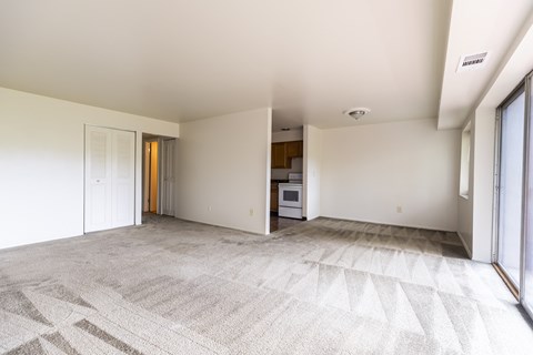 A spacious living room with a carpeted floor and a kitchen in the background.