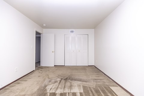 A room with a carpet and a white door.