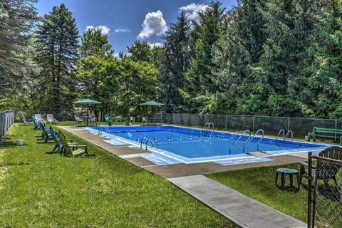 A large blue swimming pool surrounded by green lawn chairs and trees.
