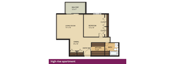 A floor plan of a high rise apartment with a living room, bedroom, dining area, kitchen, and bathroom.