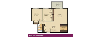 A floor plan of a high rise apartment with a balcony, two bedrooms, a living room, a dining area, a kitchen, and a bathroom.