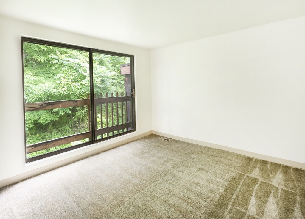 A room with a carpeted floor and a sliding glass door.