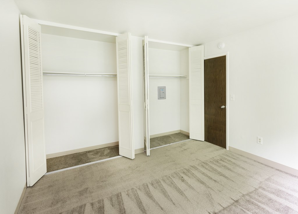 A room with a carpeted floor and a brown door.
