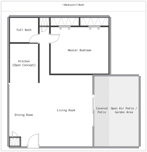 1 bed, 1 bath, 840 sq ft; Open Patio