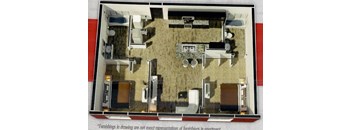 A drawing of a room with furniture and a note that the furnishings are not exact representations.