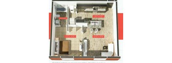 A diagram of a house layout with a kitchen, living room, and two bedrooms.