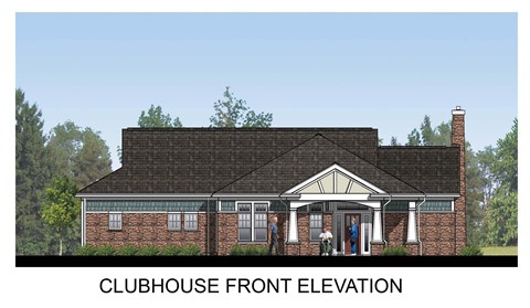 A clubhouse is shown from the front elevation.