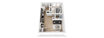 A 3D floor plan of a small apartment with a living room, kitchen, and bedroom.