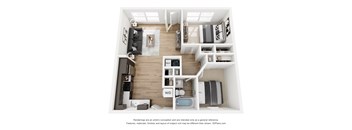 A 3D floor plan of a house with a kitchen, living room, and bathroom.
