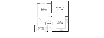 A floor plan of a house with a bedroom, bathroom, utility, kitchen, and great room.