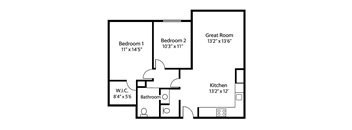 A floor plan of a home with two bedrooms, a great room, a kitchen, a bathroom, and a workspace.