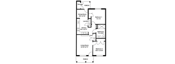 A floor plan of a house with two bedrooms, a living room, a dining room, a kitchen, a bathroom, and storage.