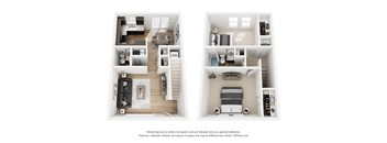 A floor plan of a two-bedroom apartment with a living room, kitchen, and bathroom.