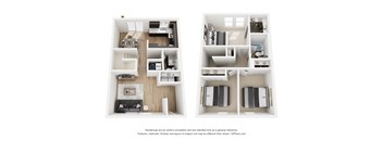 A 3D floor plan of a house with two bedrooms, a living room, a kitchen, and a bathroom.