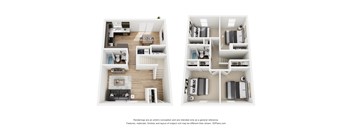 A floor plan of a two-bedroom apartment with a living room, kitchen, and bathroom.