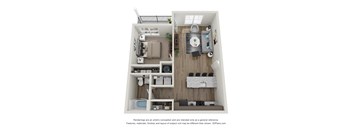 A 3D floor plan of a small apartment with a kitchen, living room, and bedrooms.