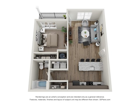 A 3D floor plan of a small apartment with a kitchen, living room, and bedrooms.