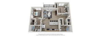 A 3D floor plan of a house with a kitchen, living room, and two bedrooms.