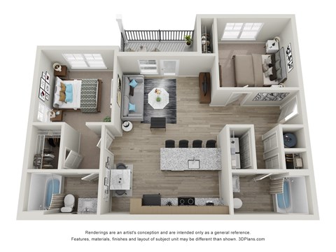 A 3D floor plan of a house with a kitchen, living room, and two bedrooms.