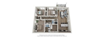 A 3D floor plan of a house with a kitchen, living room, and bathroom.