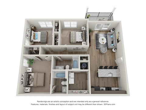 A 3D floor plan of a house with a kitchen, living room, and bathroom.