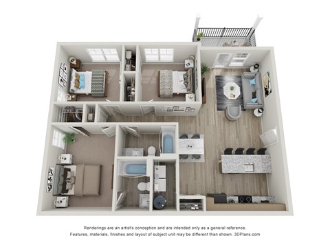 A 3D floor plan of a small apartment with a kitchen, living room, and bathroom.