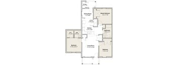 A floor plan of a house with a living room, dining room, kitchen, two bedrooms, a bathroom, and storage.