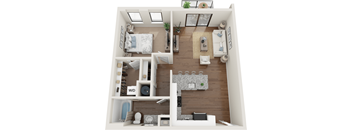 A top-down view of a small apartment with a bedroom, living room, and kitchen.
